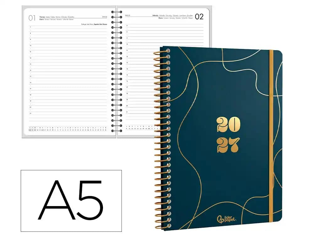Agenda 2027 Liderpapel Perissa con espiral, día página A5 (bilingüe) · Azul marino