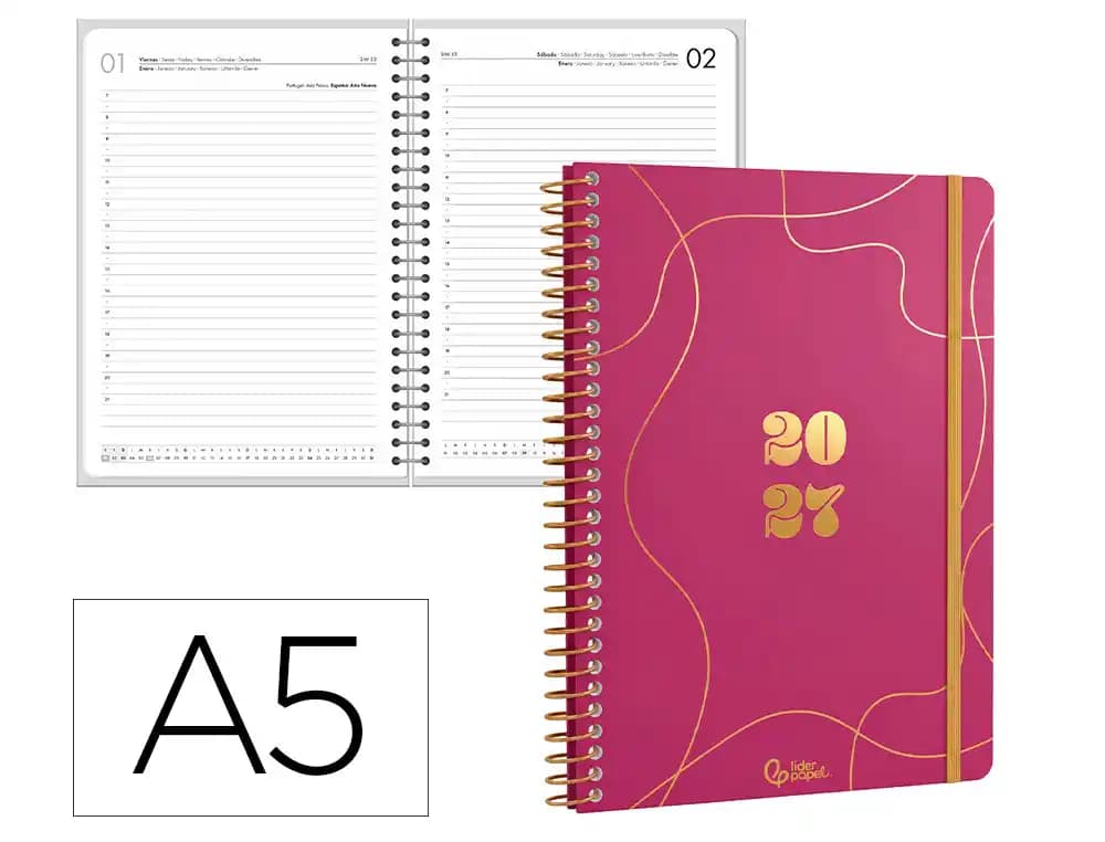 Agenda 2027 Liderpapel Perissa con espiral, día página A5 (bilingüe) · Rosa