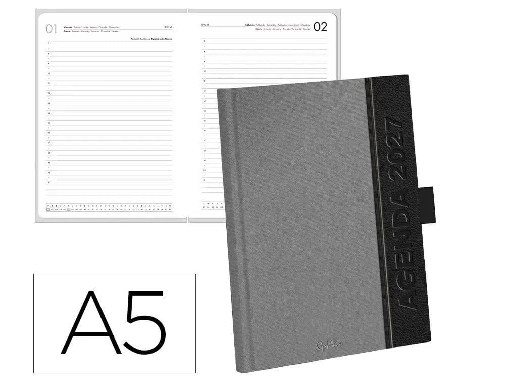 Agenda 2027 Liderpapel Symi encuadernada, día página A5 (bilingüe) · Gris