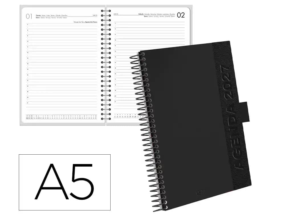 Agenda 2027 Liderpapel Symi con espiral, día página A5 (bilingüe) · Negro