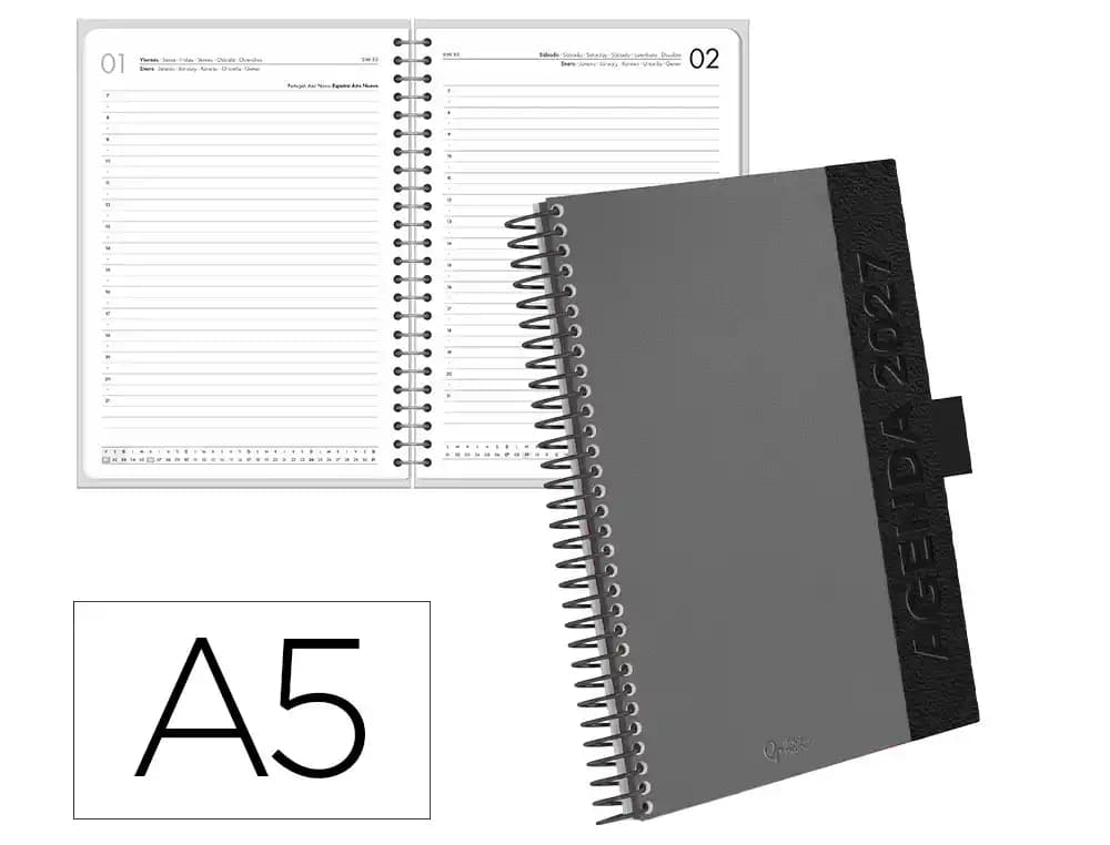 Agenda 2027 Liderpapel Symi con espiral, día página A5 (bilingüe) · Gris