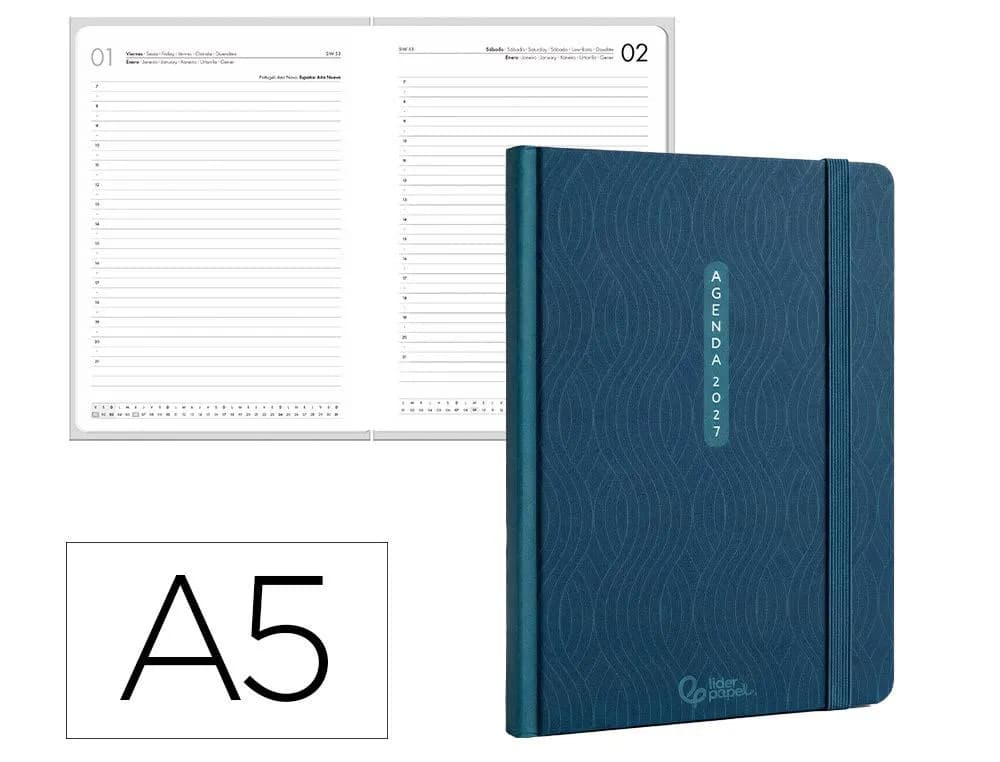 Agenda 2027 Liderpapel Paros encuadernada, día página A5 (bilingüe) · Azul