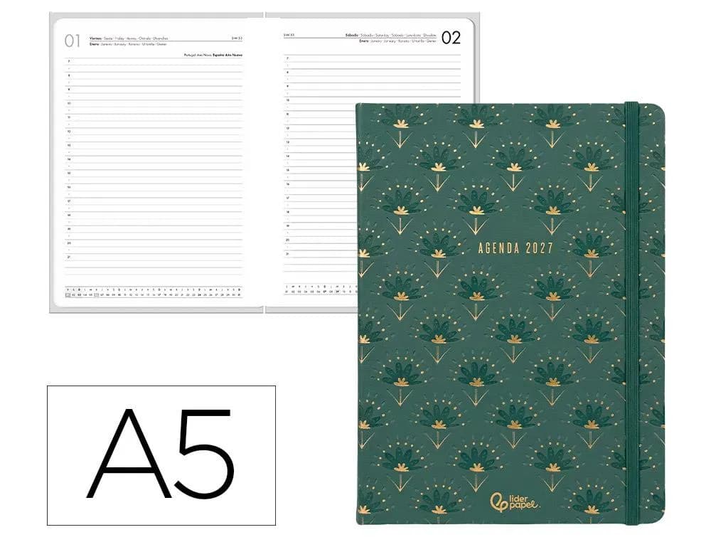 Agenda 2027 Liderpapel Boho encuadernada, día página A5 (bilingüe) · Verde