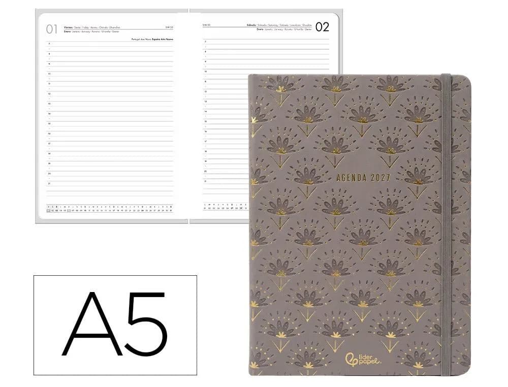Agenda 2027 Liderpapel Boho encuadernada, día página A5 (bilingüe) · Gris