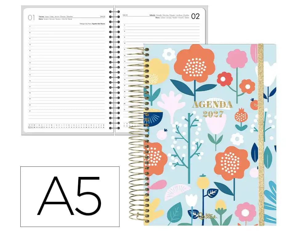 Liderpapel Agenda oficina Liderpapel 2027 espiral fantasy día página A5 bilingue 70g papel fsc bold flowers