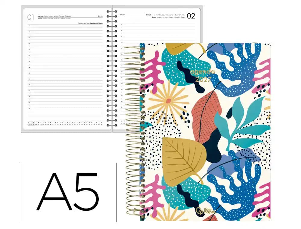 Liderpapel Agenda oficina Liderpapel 2027 espiral fantasy día página A5 bilingue 70g papel fsc matisse