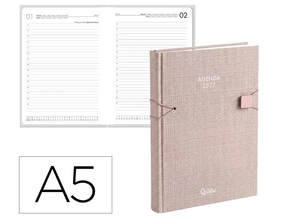 Liderpapel Agenda 2027 Liderpapel Lesbos encuadernada con cierre elástico, día página A5 (bilingüe)