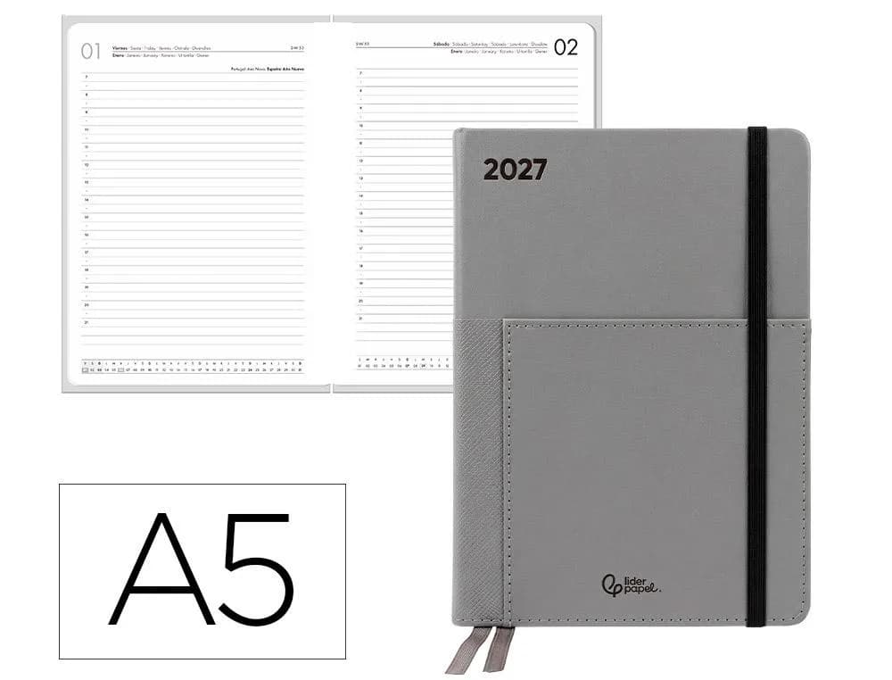 Liderpapel Agenda oficina Liderpapel 2027 encuadernada naxos día página A5 bilingue 70g fsc gris