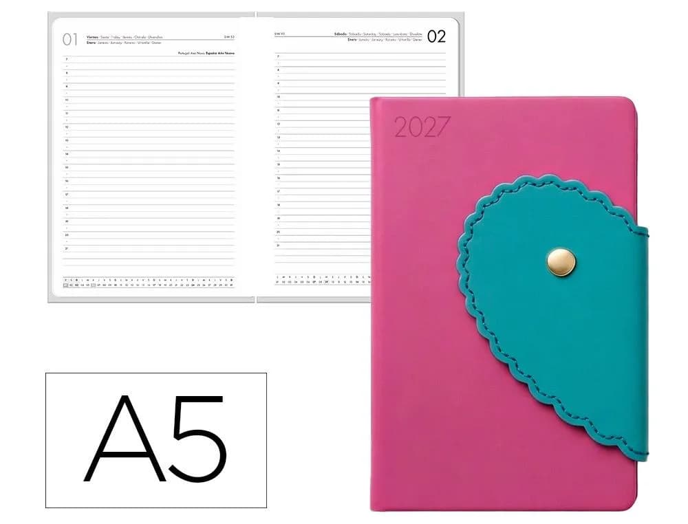 Agenda 2027 Liderpapel Milos encuadernada, día página A5 (bilingüe) · Rosa