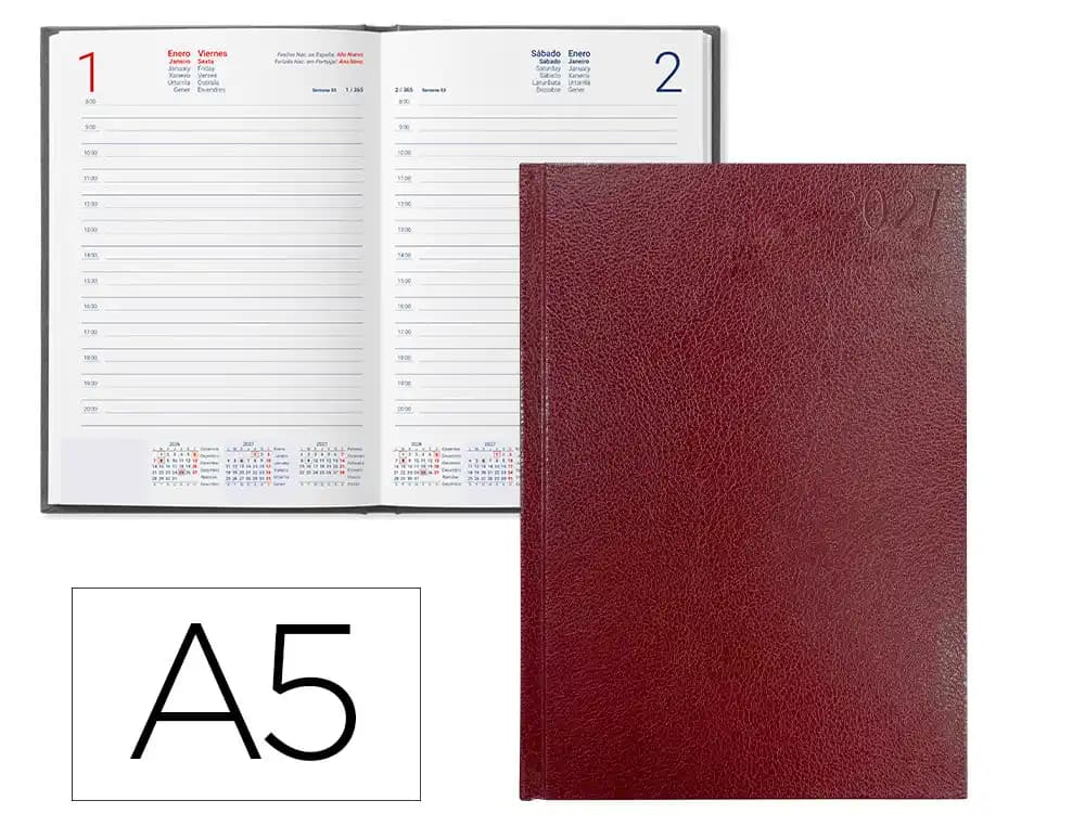 Agenda 2027 Liderpapel Corfu encuadernada, día página o semana vista, A4, A5 y A6 · A5 · Día página · Rojo