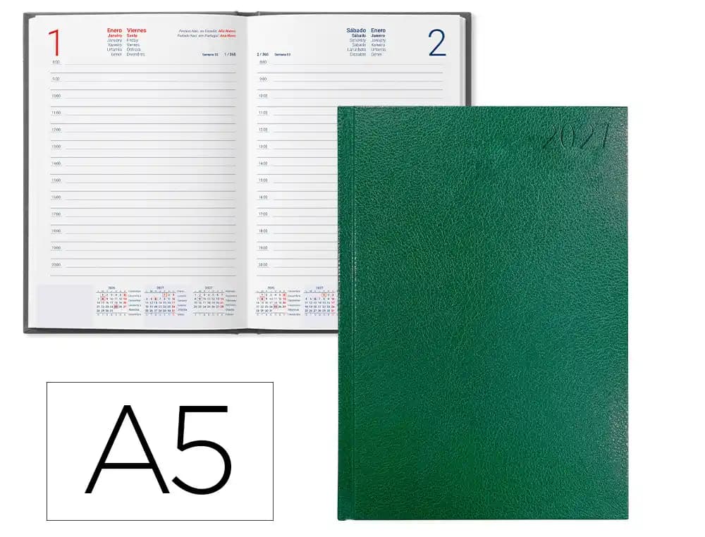 Agenda 2027 Liderpapel Corfu encuadernada, día página o semana vista, A4, A5 y A6 · A5 · Día página · Verde