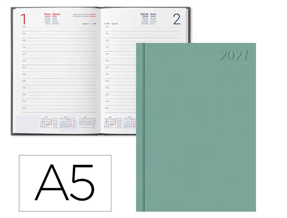 Agenda 2027 Liderpapel Corfu encuadernada, día página o semana vista, A4, A5 y A6 – Menta