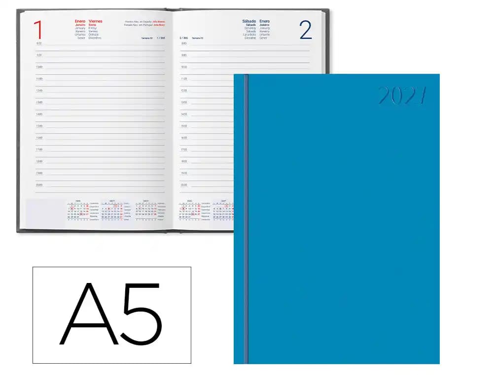 Agenda 2027 Liderpapel Corfu encuadernada, día página o semana vista, A4, A5 y A6 · A5 · Día página · Azul cielo