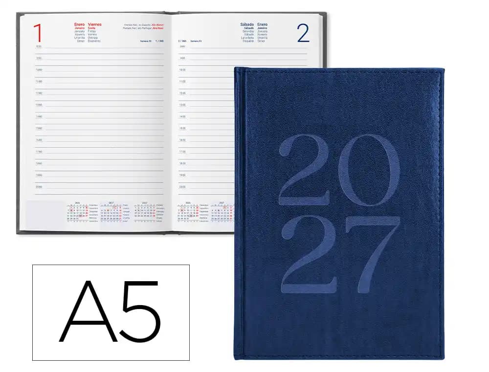 Agenda 2027 Liderpapel Creta encuadernada, día página o semana vista, A5, 17 × 24 y 8 × 15 cm · A5 · Día página · Azul · tapa blanda