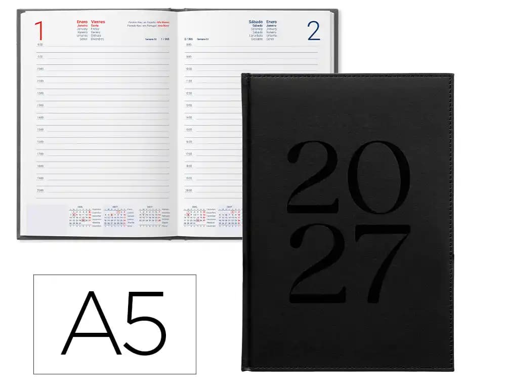 Agenda 2027 Liderpapel Creta encuadernada, día página o semana vista, A5, 17 × 24 y 8 × 15 cm · A5 · Día página · Negro · tapa blanda
