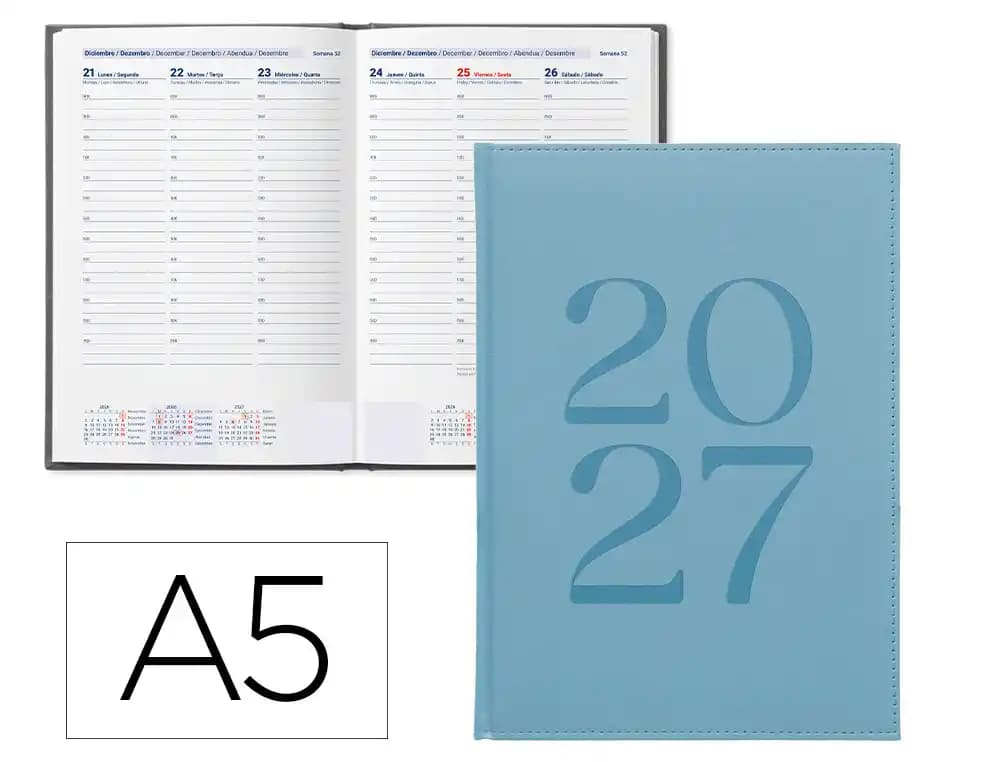 Agenda 2027 Liderpapel Creta encuadernada, día página o semana vista, A5, 17 × 24 y 8 × 15 cm · A5 · Semana vista · Celeste · tapa dura