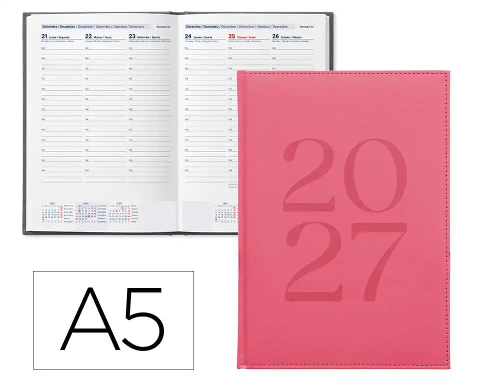 Agenda 2027 Liderpapel Creta encuadernada, día página o semana vista, A5, 17 × 24 y 8 × 15 cm · A5 · Semana vista · Rosa · tapa blanda