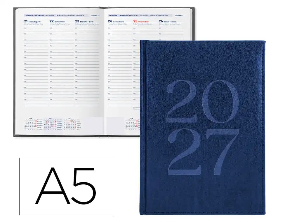 Agenda 2027 Liderpapel Creta encuadernada, día página o semana vista, A5, 17 × 24 y 8 × 15 cm · A5 · Semana vista · Azul · tapa blanda
