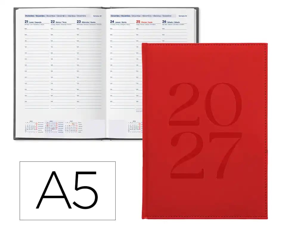 Agenda 2027 Liderpapel Creta encuadernada, día página o semana vista, A5, 17 × 24 y 8 × 15 cm · A5 · Semana vista · Rojo · tapa dura