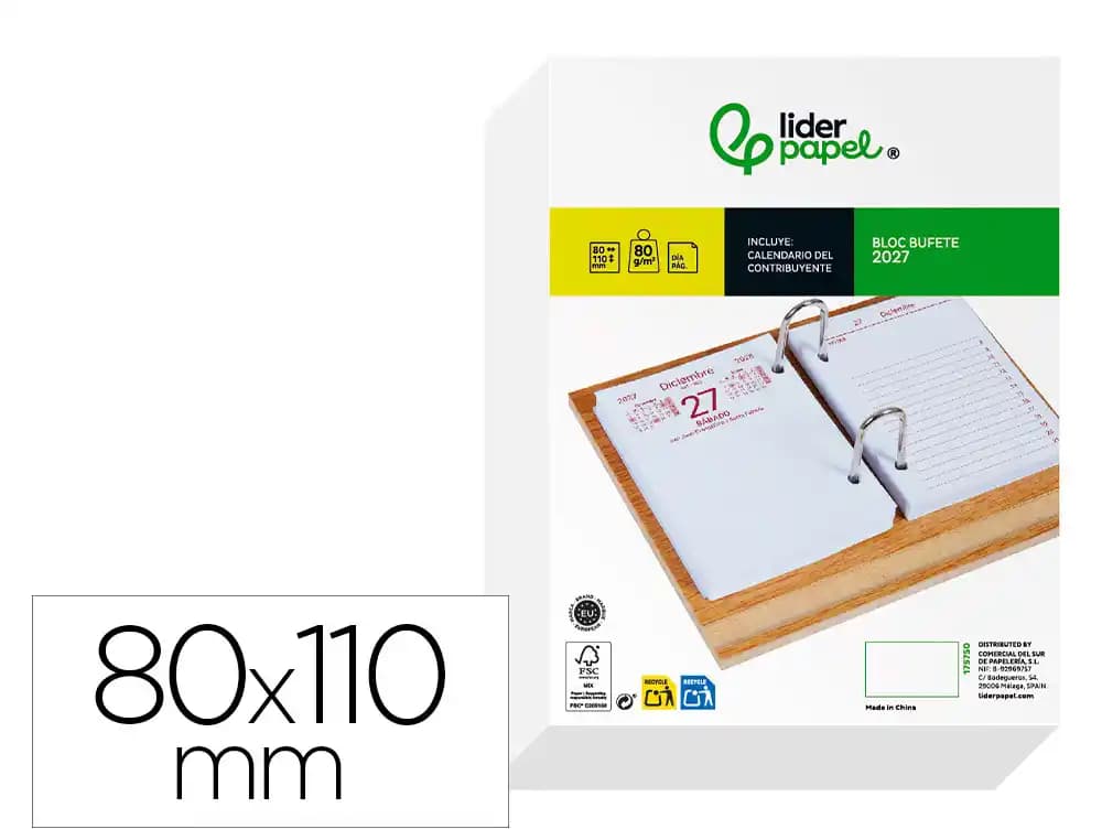Liderpapel Bloc bufete 2027 Liderpapel, 80 × 110 mm, papel 80 g FSC