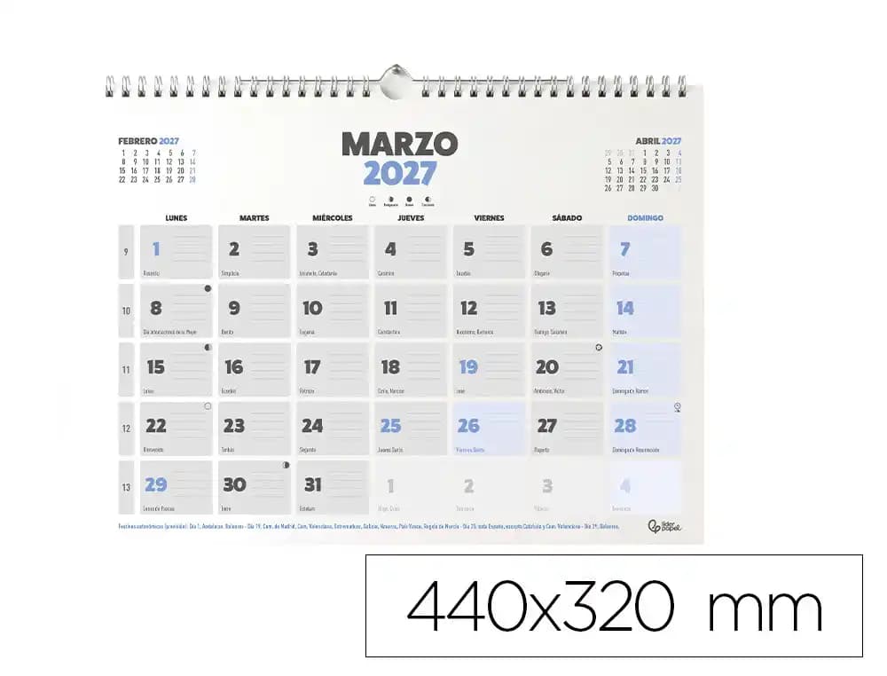 Liderpapel Calendario de pared 2027 Liderpapel Clásico con espiral, 440 × 320 mm, papel de 128 g