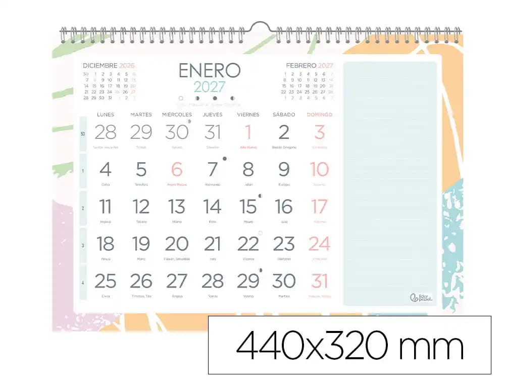 Liderpapel Calendario de pared 2027 Liderpapel Joven con espiral, 440 × 320 mm, números grandes y pegatinas