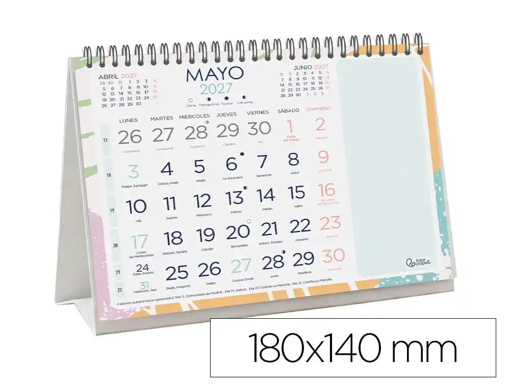 Liderpapel Calendario triangular de sobremesa 2027 Liderpapel Joven con espiral y pegatinas, 180 × 140 mm