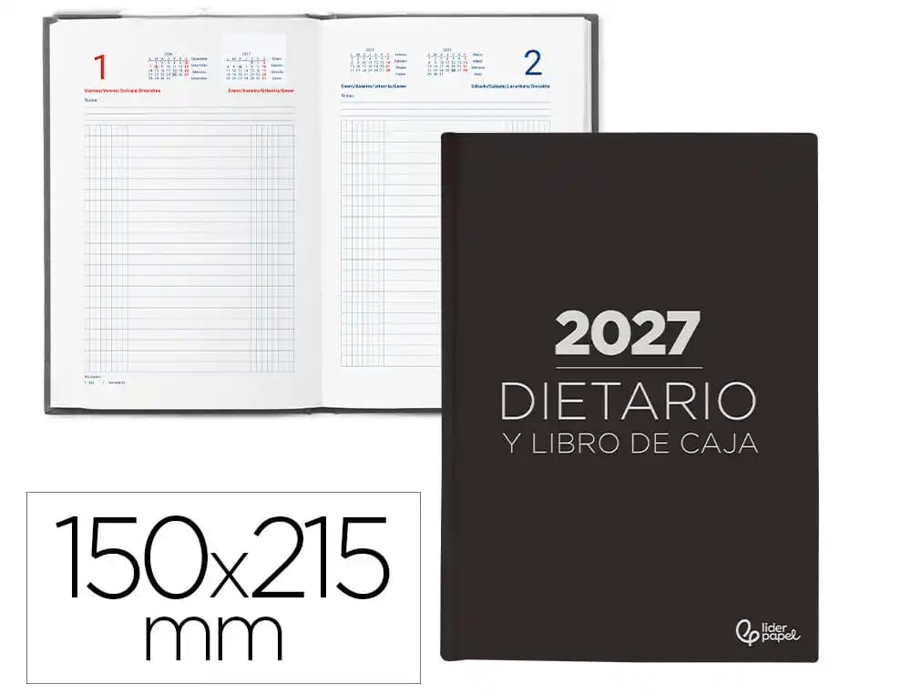 Dietario 2027 Liderpapel día página, en cuarto, octavo y dos tercios · Cuarto (150 × 215 mm) · Negro