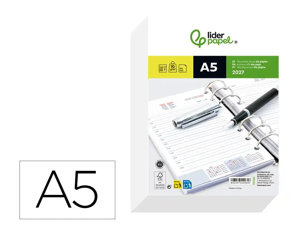 Liderpapel Recambio 2027 Liderpapel para agenda de anillas, día página A5, 148 × 205 mm (bilingüe)