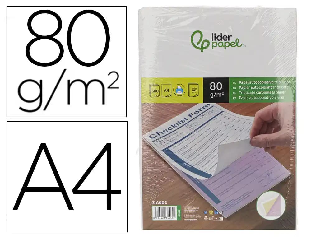 Liderpapel Papel autocopiativo liderpapel a4 prealzado triplicado blanco amarillo y rosa 80 g 500 hojas (167