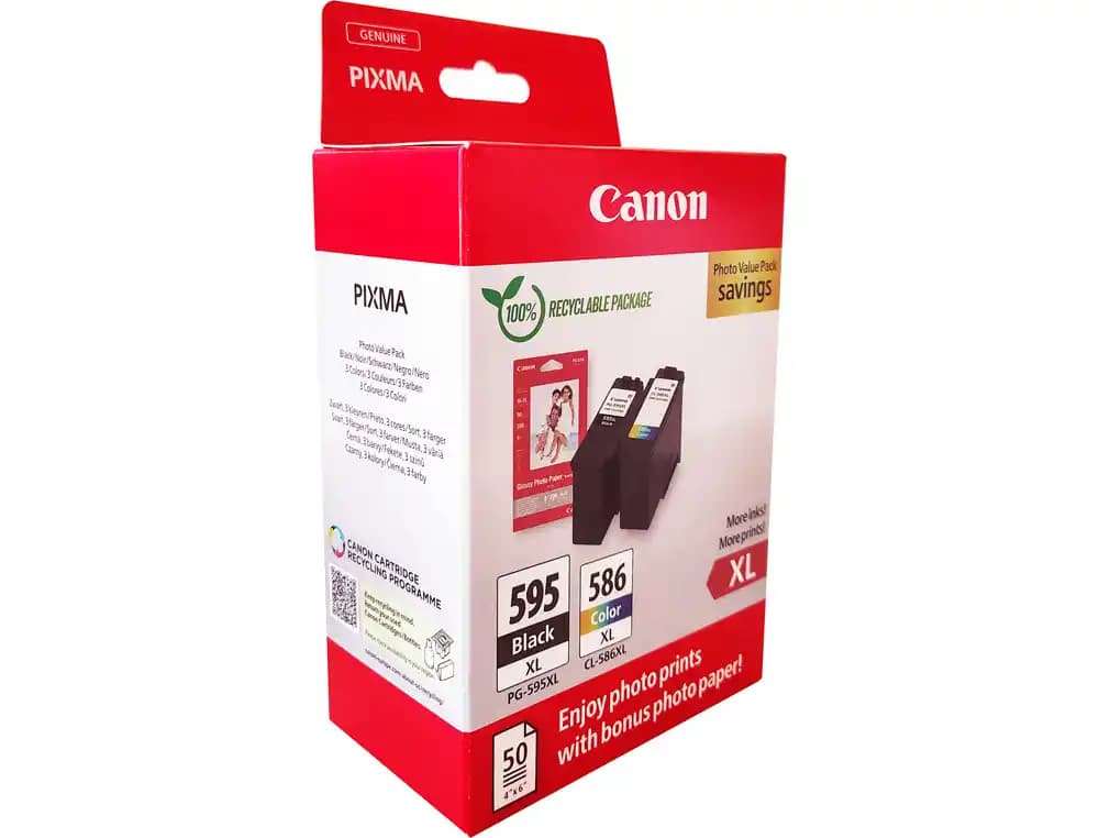 Ink-jet canon multipack pg595xl negro + cl586xl color + 50 hojas papel foto 10x15 cm