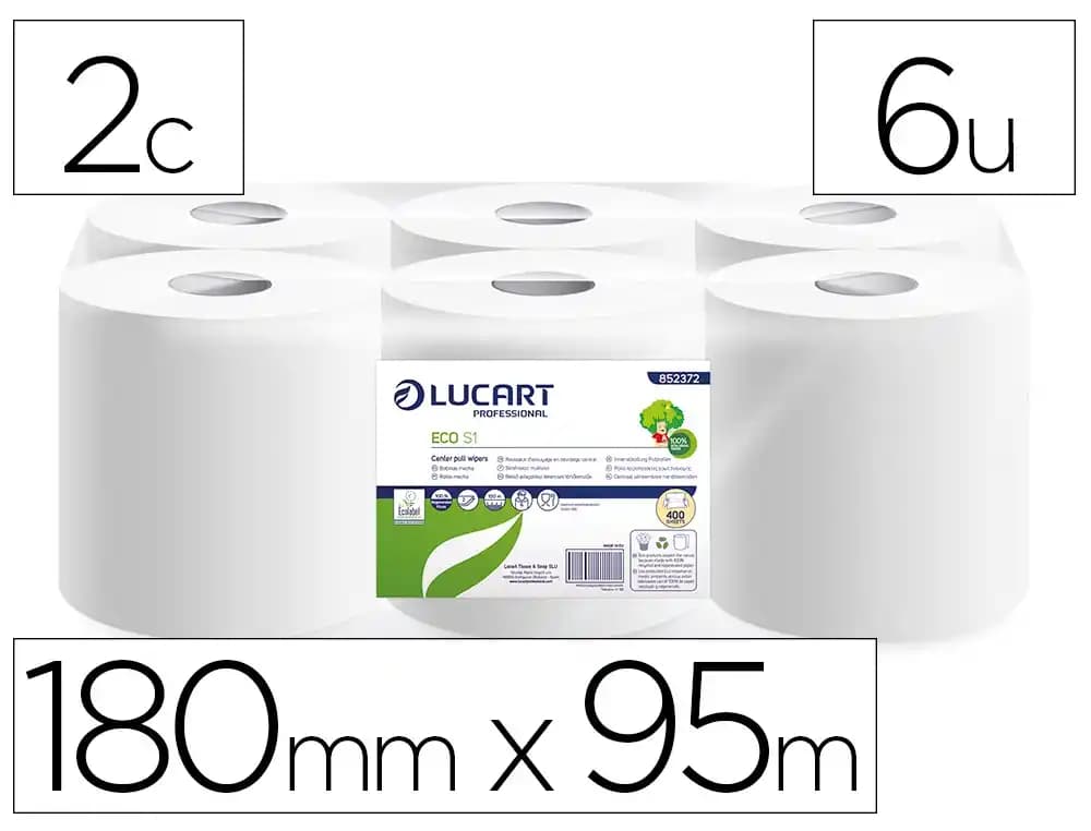 Lucart Papel secamanos Lucart ecológico 16,5 g 2 capas 180 mm x 95 m paquete de 6 rollos
