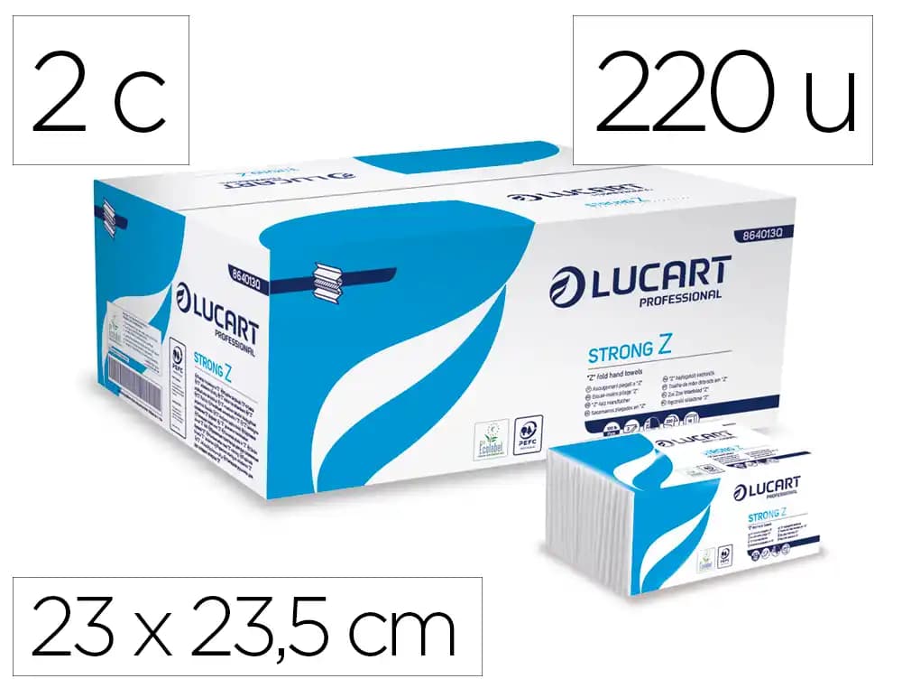 Lucart Toalla secamanos Lucart celulosa virgen 22 g 2 capas plegado en z 23x23,5 cm caja de 18 paquete de 220 unidades