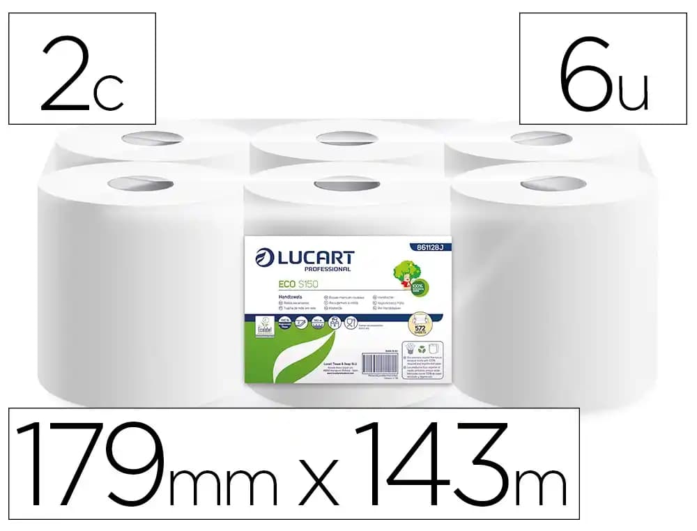 Lucart Papel secamanos Lucart reciclado 16,5 g 2 capas 179 mm x 143 m paquete de 6 rollos