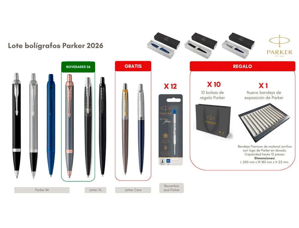 Parker Lote bolígrafos Parker 6+2 unidades gratis + 12 recambios azul con obsequio bandeja expositora y 10 bolsas regalo