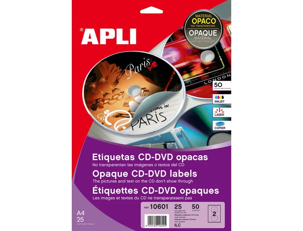 Etiqueta adhesiva apli 10601 tamaño cd-rom 117 mm blanca opaca fotocopiadora laser ink-jet caja de 25 hojas/50