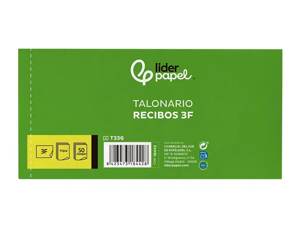 Talonario liderpapel recibos 3/fº apaisado original y 2 copias sin matriz