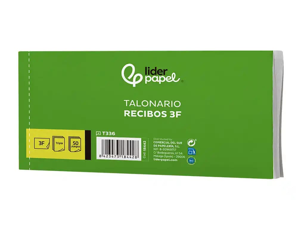 Talonario liderpapel recibos 3/fº apaisado original y 2 copias sin matriz