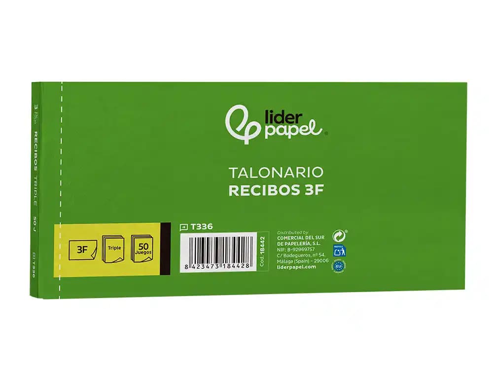 Talonario liderpapel recibos 3/fº apaisado original y 2 copias sin matriz