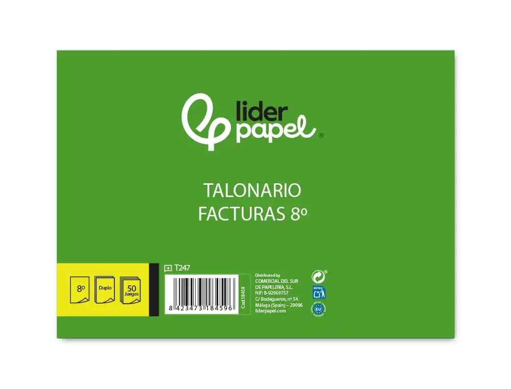 Talonario liderpapel facturas 8º original y copia t247 apaisado sin i.v.a