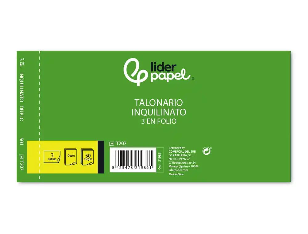 Talonario liderpapel inquilinato 3/fº original y copia t207 con codiciones e i.v.a.