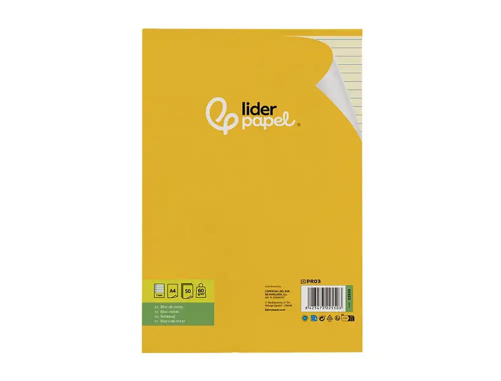 Bloc notas liderpapel encolado a4 rayado horizontal 50 hojas 80 gr color amarillo