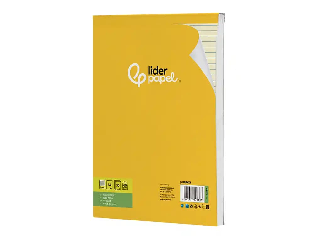 Bloc notas liderpapel encolado a4 rayado horizontal 50 hojas 80 gr color amarillo