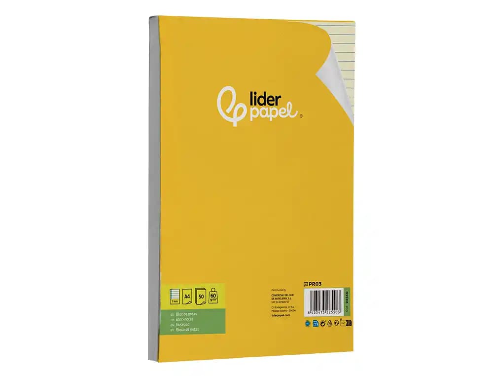 Bloc notas liderpapel encolado a4 rayado horizontal 50 hojas 80 gr color amarillo