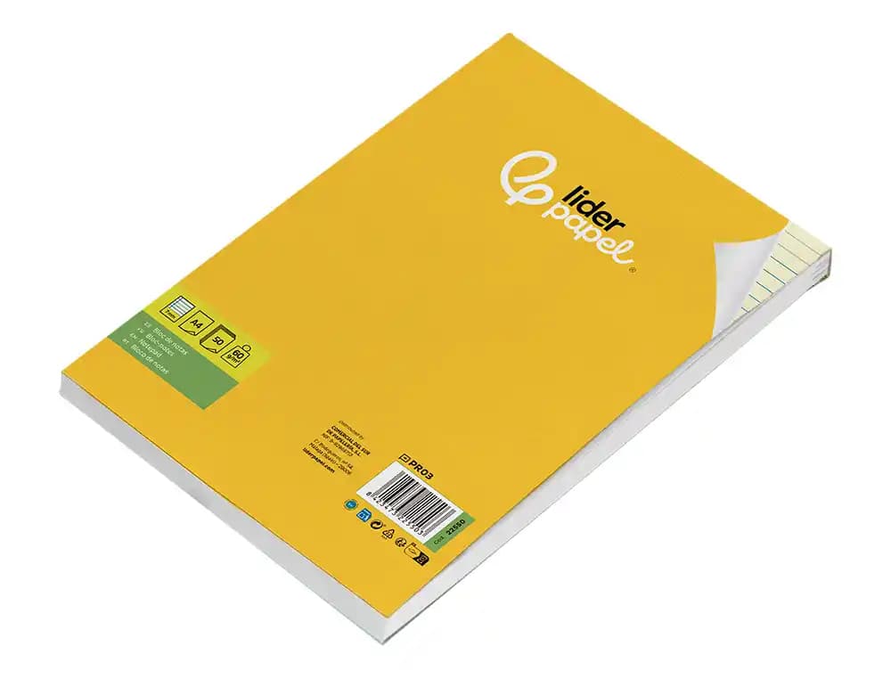 Bloc notas liderpapel encolado a4 rayado horizontal 50 hojas 80 gr color amarillo