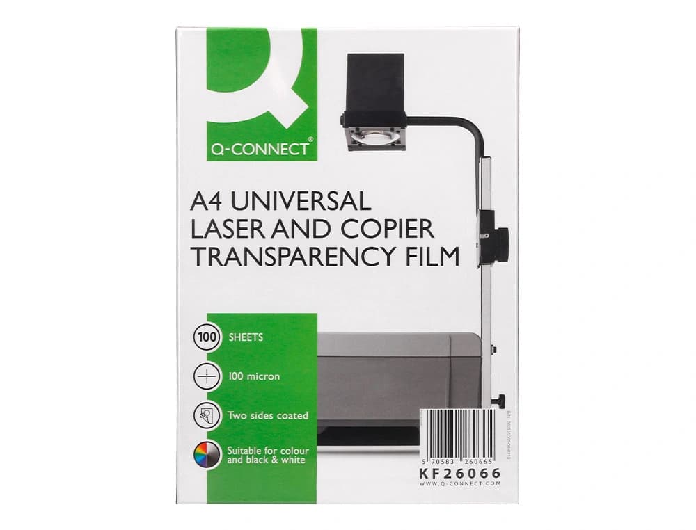 Transparencia q-connect din a4 kf26066 para fotocopiadora tratada dos caras caja de 100 hojas