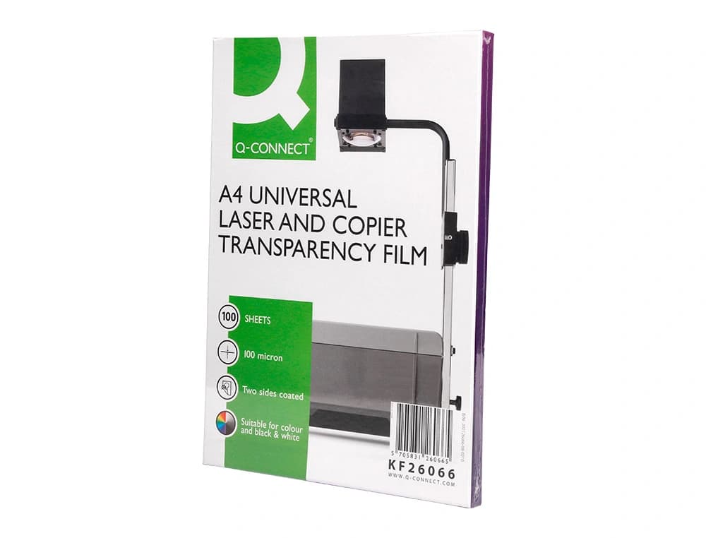 Transparencia q-connect din a4 kf26066 para fotocopiadora tratada dos caras caja de 100 hojas