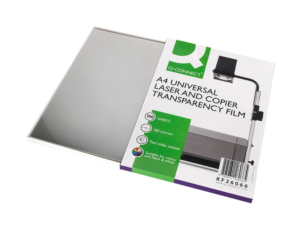 Transparencia q-connect din a4 kf26066 para fotocopiadora tratada dos caras caja de 100 hojas