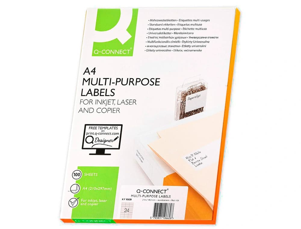 Etiqueta adhesiva q-connect kf10639 tamaño 66x33,9 mm fotocopiadora laser ink-jet caja con 100 hojas din a4