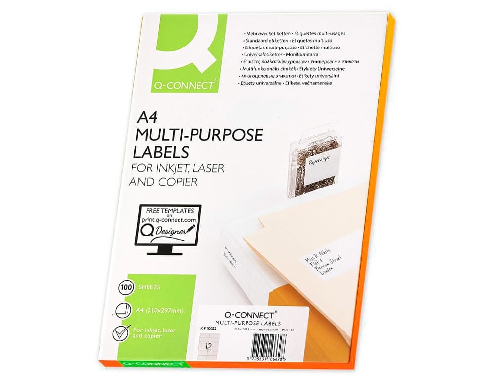 Etiqueta adhesiva q-connect kf10657 tamaño 105x48 mm fotocopiadora laser ink-jet caja con 100 hojas din a4